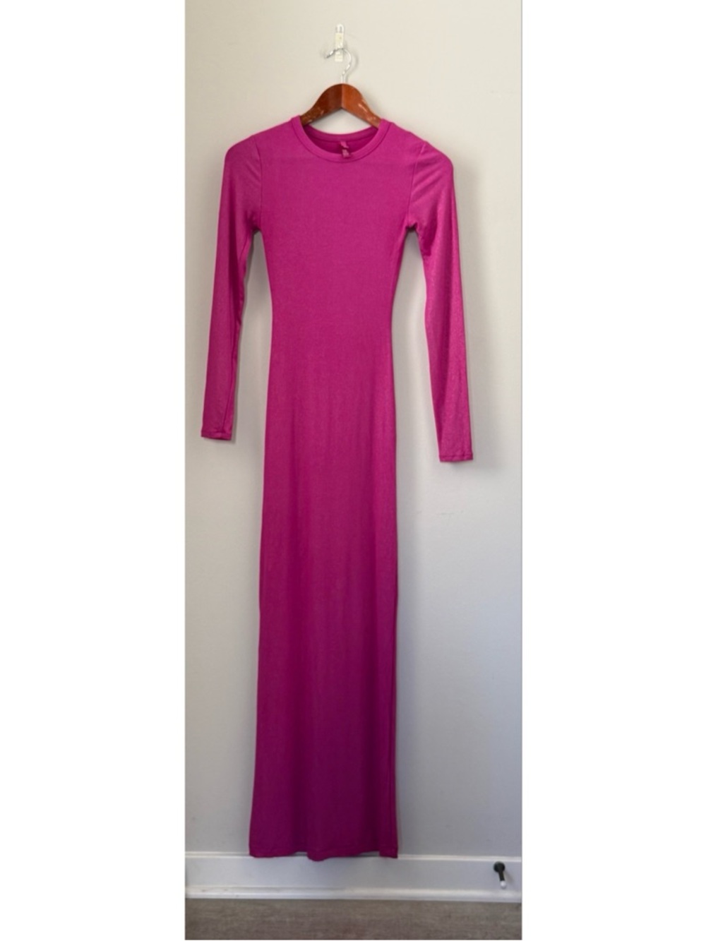 SKIMS Soft Lounge Shimmer Long Sleeves Ribbed Maxi Bodycon Fuschia Dress Size S - Picture 2 of 11